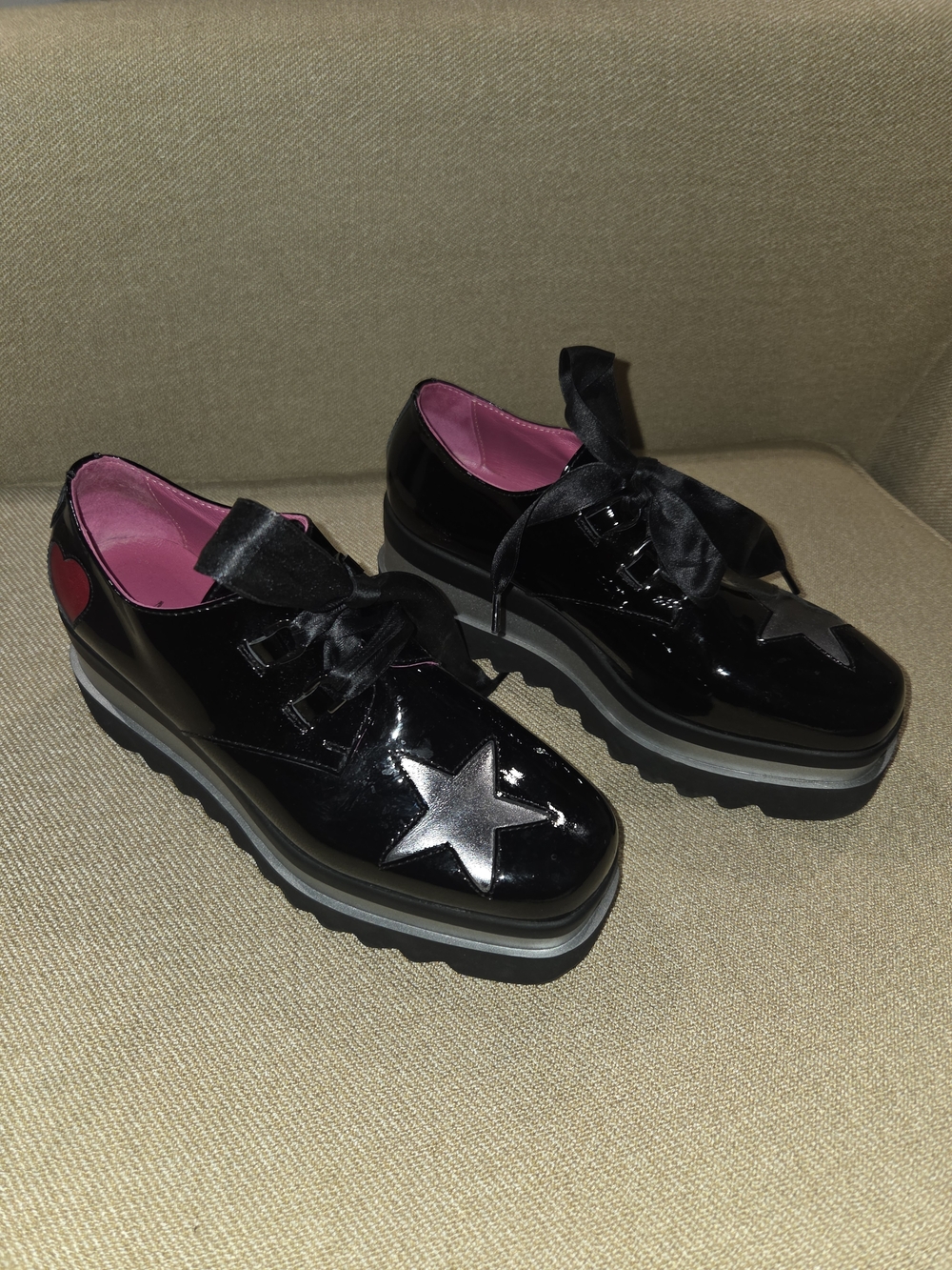 Marco Moreo New Black Patent Platform Star Lace-Up  with Pink LeatherLining
